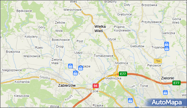mapa Tomaszowice gmina Wielka Wieś, Tomaszowice gmina Wielka Wieś na mapie Targeo