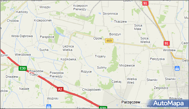 mapa Trojany gmina Parzęczew, Trojany gmina Parzęczew na mapie Targeo