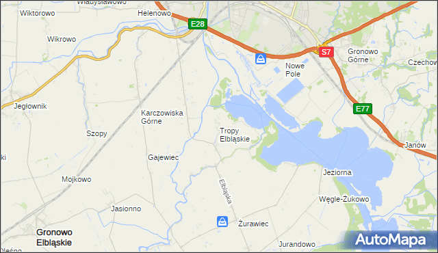 mapa Tropy Elbląskie, Tropy Elbląskie na mapie Targeo