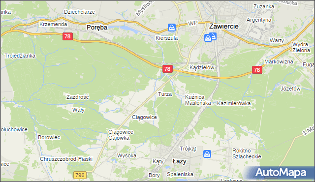 mapa Turza gmina Łazy, Turza gmina Łazy na mapie Targeo