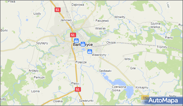 mapa Wawrzyny gmina Bartoszyce, Wawrzyny gmina Bartoszyce na mapie Targeo