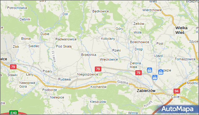 mapa Więckowice gmina Zabierzów, Więckowice gmina Zabierzów na mapie Targeo