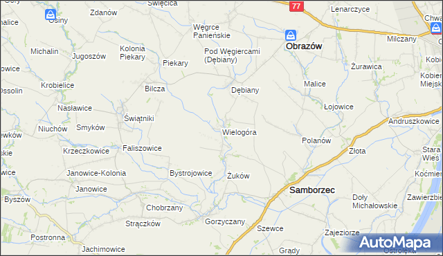 mapa Wielogóra gmina Samborzec, Wielogóra gmina Samborzec na mapie Targeo