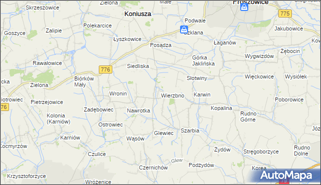 mapa Wierzbno gmina Koniusza, Wierzbno gmina Koniusza na mapie Targeo