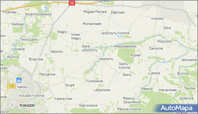 mapa Wierzchy gmina Koluszki, Wierzchy gmina Koluszki na mapie Targeo