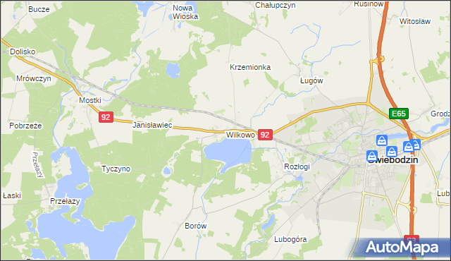 mapa Wilkowo gmina Świebodzin, Wilkowo gmina Świebodzin na mapie Targeo