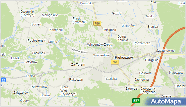 mapa Wincentów gmina Piekoszów, Wincentów gmina Piekoszów na mapie Targeo