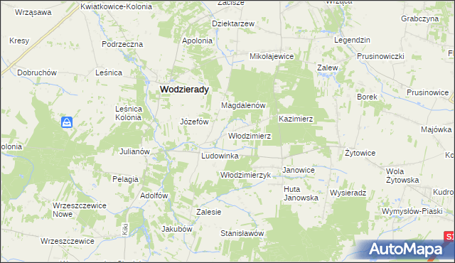 mapa Włodzimierz gmina Wodzierady, Włodzimierz gmina Wodzierady na mapie Targeo