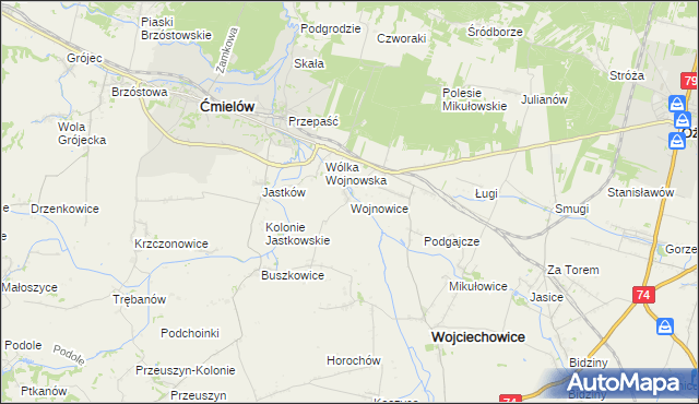 mapa Wojnowice gmina Ćmielów, Wojnowice gmina Ćmielów na mapie Targeo