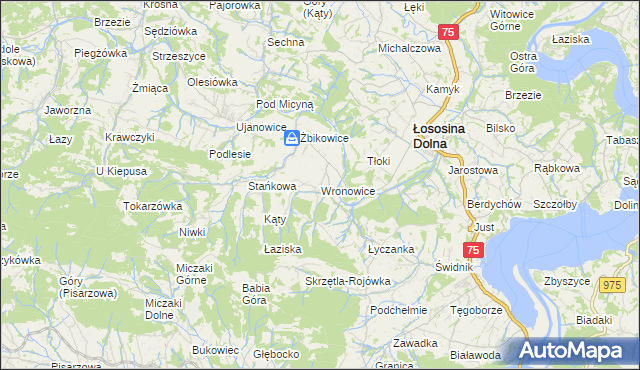 mapa Wronowice gmina Łososina Dolna, Wronowice gmina Łososina Dolna na mapie Targeo