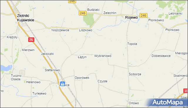 mapa Wybranowo gmina Rojewo, Wybranowo gmina Rojewo na mapie Targeo