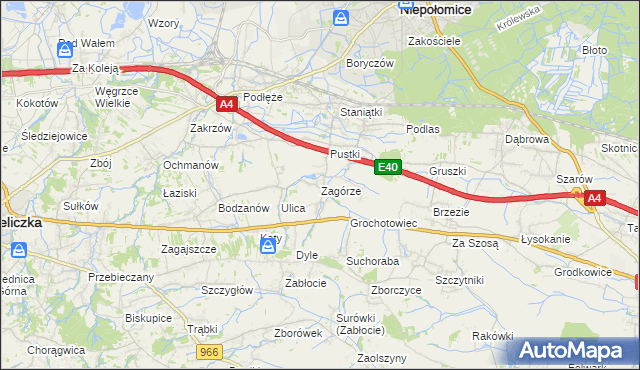 mapa Zagórze gmina Niepołomice, Zagórze gmina Niepołomice na mapie Targeo