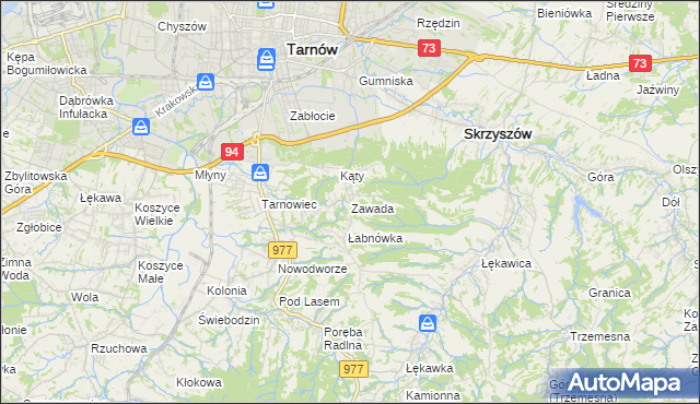 mapa Zawada gmina Tarnów, Zawada gmina Tarnów na mapie Targeo