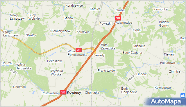 mapa Zawady gmina Kowiesy, Zawady gmina Kowiesy na mapie Targeo
