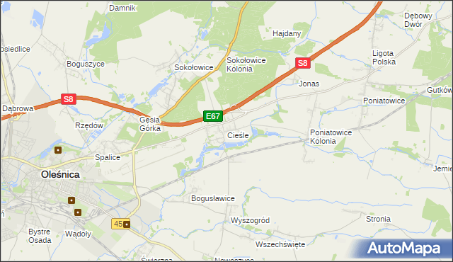 mapa Cieśle gmina Oleśnica, Cieśle gmina Oleśnica na mapie Targeo