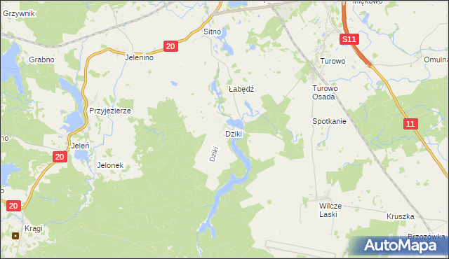 mapa Dziki gmina Szczecinek, Dziki gmina Szczecinek na mapie Targeo