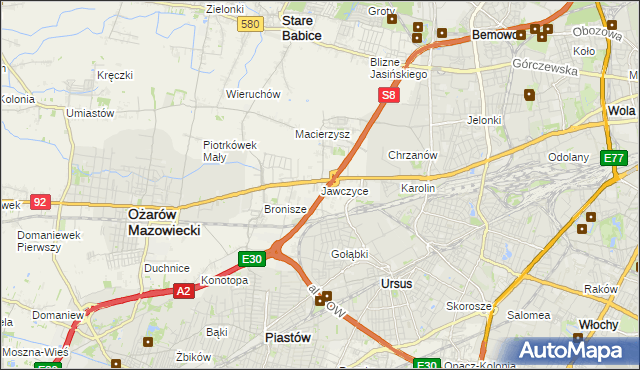 mapa Jawczyce gmina Ożarów Mazowiecki, Jawczyce gmina Ożarów Mazowiecki na mapie Targeo