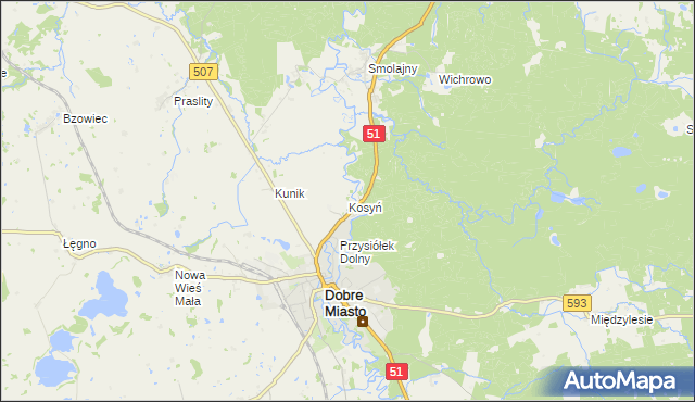 mapa Kosyń gmina Dobre Miasto, Kosyń gmina Dobre Miasto na mapie Targeo