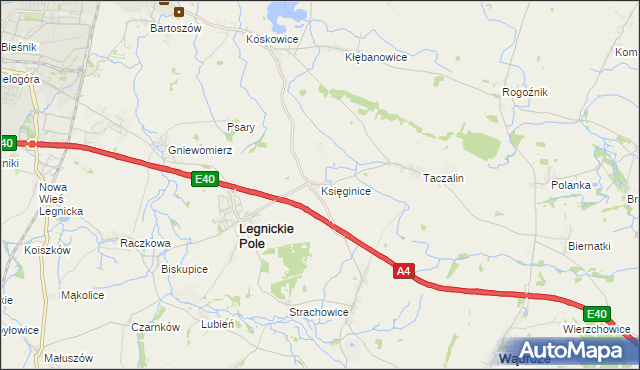 mapa Księginice gmina Legnickie Pole, Księginice gmina Legnickie Pole na mapie Targeo