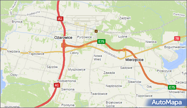 mapa Nowa Wieś gmina Mierzęcice, Nowa Wieś gmina Mierzęcice na mapie Targeo