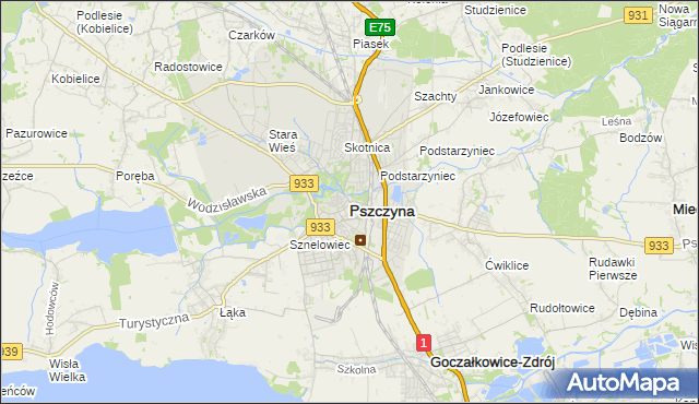 mapa Pszczyny, Pszczyna na mapie Targeo