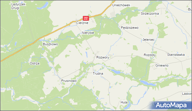 mapa Rozwory gmina Debrzno, Rozwory gmina Debrzno na mapie Targeo