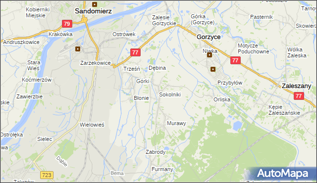 mapa Sokolniki gmina Gorzyce, Sokolniki gmina Gorzyce na mapie Targeo