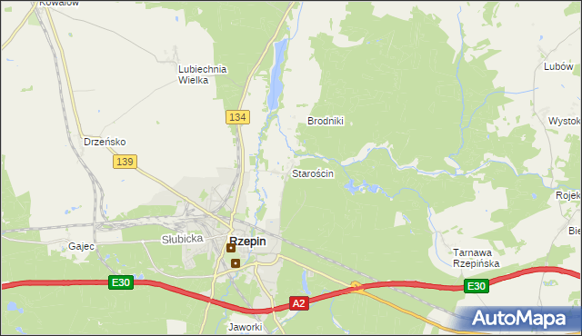 mapa Starościn gmina Rzepin, Starościn gmina Rzepin na mapie Targeo