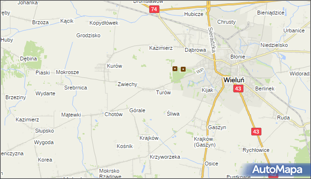 mapa Turów gmina Wieluń, Turów gmina Wieluń na mapie Targeo