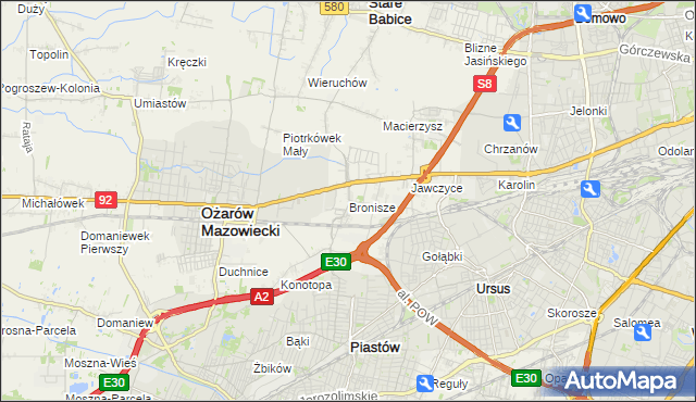 mapa Bronisze gmina Ożarów Mazowiecki, Bronisze gmina Ożarów Mazowiecki na mapie Targeo