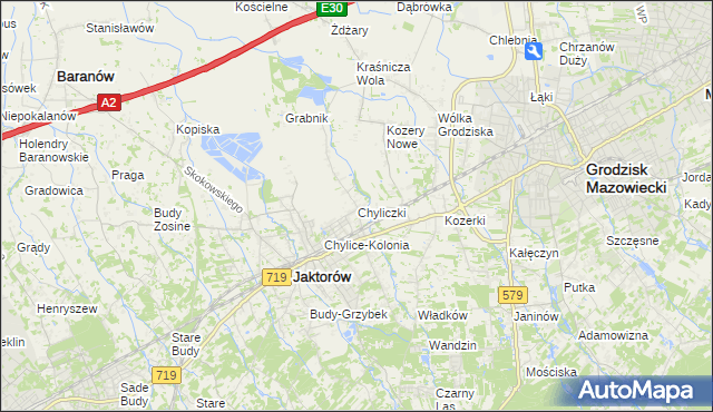 mapa Chyliczki gmina Jaktorów, Chyliczki gmina Jaktorów na mapie Targeo