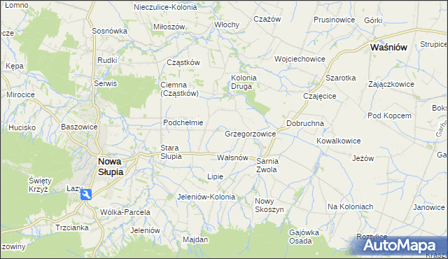 mapa Grzegorzowice gmina Waśniów, Grzegorzowice gmina Waśniów na mapie Targeo