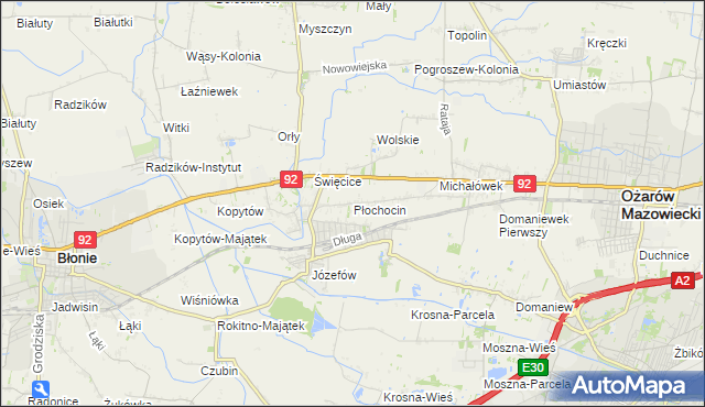 mapa Płochocin gmina Ożarów Mazowiecki, Płochocin gmina Ożarów Mazowiecki na mapie Targeo