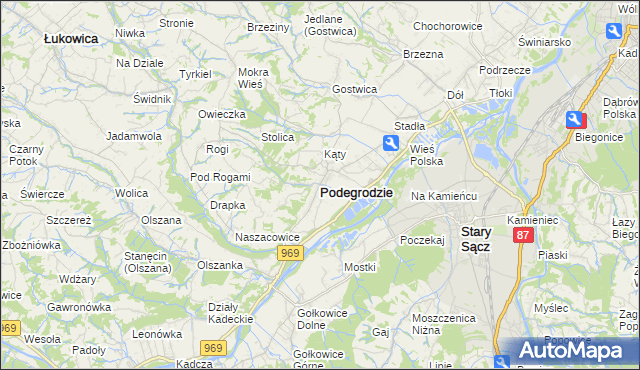 mapa Podegrodzie powiat nowosądecki, Podegrodzie powiat nowosądecki na mapie Targeo