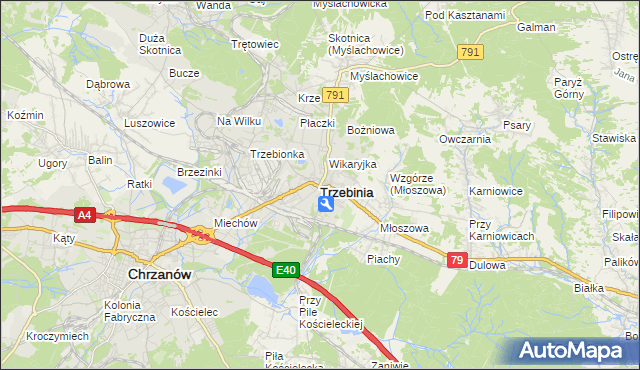 mapa Trzebinia powiat chrzanowski, Trzebinia powiat chrzanowski na mapie Targeo