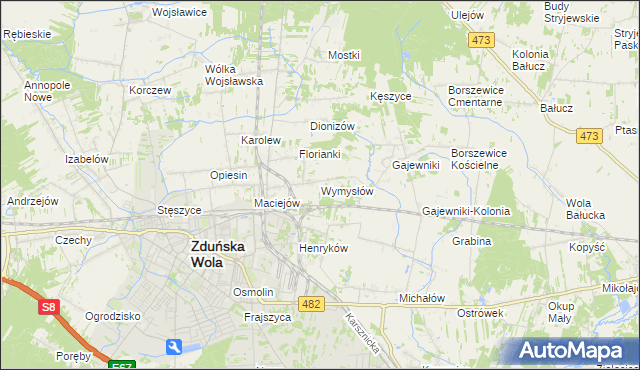 mapa Wymysłów gmina Zduńska Wola, Wymysłów gmina Zduńska Wola na mapie Targeo