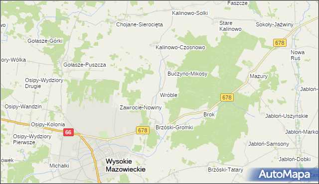 mapa Wróble gmina Wysokie Mazowieckie, Wróble gmina Wysokie Mazowieckie na mapie Targeo