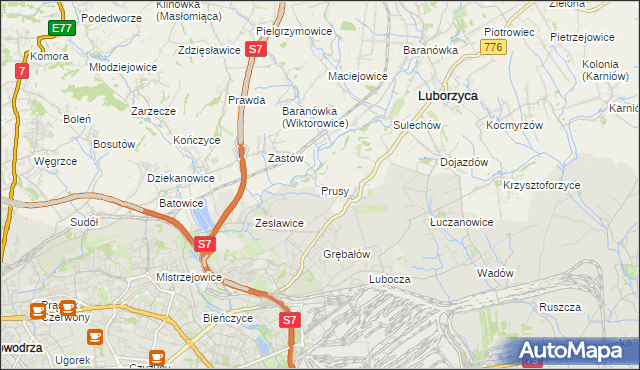 mapa Prusy gmina Kocmyrzów-Luborzyca, Prusy gmina Kocmyrzów-Luborzyca na mapie Targeo