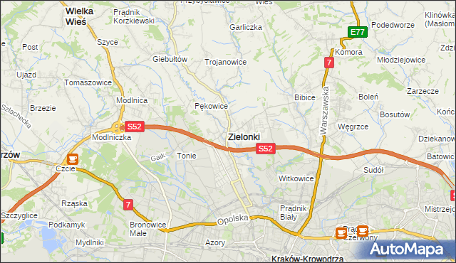 mapa Zielonki powiat krakowski, Zielonki powiat krakowski na mapie Targeo