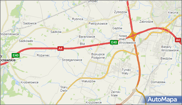 mapa Biskupice Podgórne, Biskupice Podgórne na mapie Targeo
