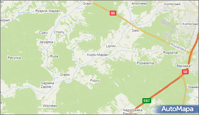 mapa Koziki gmina Ostrów Mazowiecka, Koziki gmina Ostrów Mazowiecka na mapie Targeo