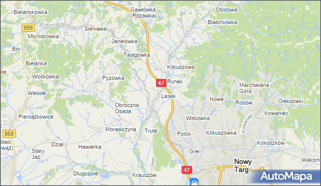 mapa Lasek gmina Nowy Targ, Lasek gmina Nowy Targ na mapie Targeo