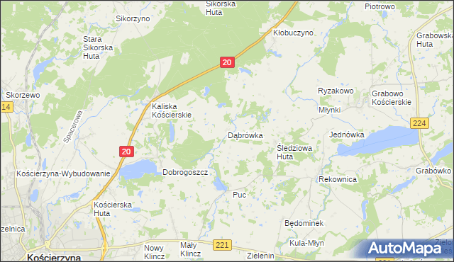 mapa Dąbrówka gmina Kościerzyna, Dąbrówka gmina Kościerzyna na mapie Targeo