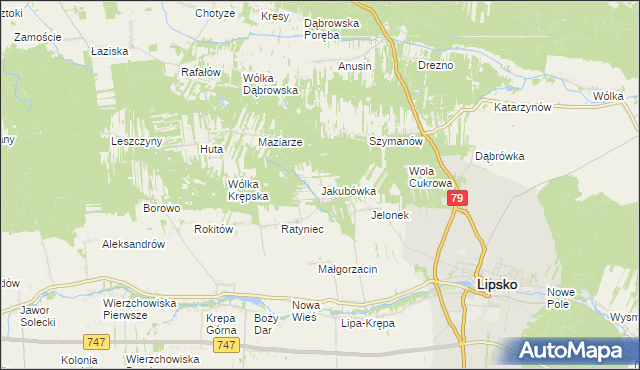 mapa Jakubówka gmina Lipsko, Jakubówka gmina Lipsko na mapie Targeo