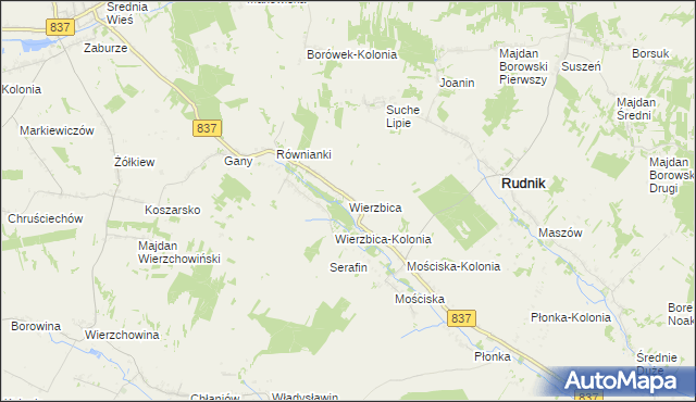 mapa Wierzbica gmina Rudnik, Wierzbica gmina Rudnik na mapie Targeo
