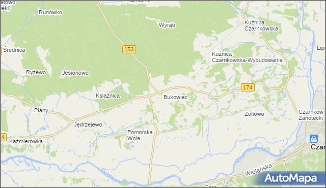 mapa Bukowiec gmina Czarnków, Bukowiec gmina Czarnków na mapie Targeo