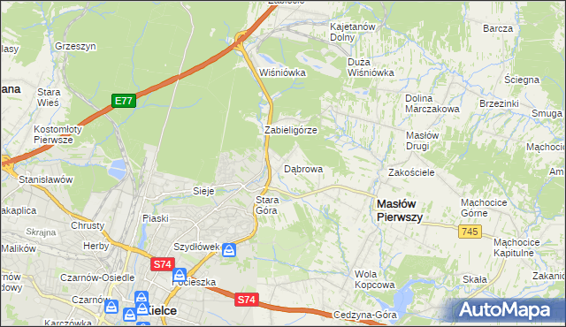 mapa Dąbrowa gmina Masłów, Dąbrowa gmina Masłów na mapie Targeo