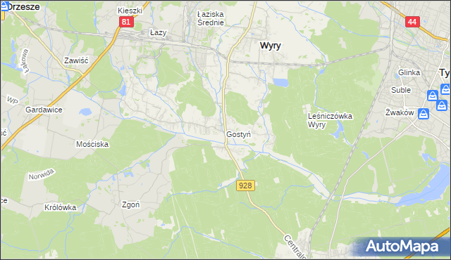 mapa Gostyń gmina Wyry, Gostyń gmina Wyry na mapie Targeo