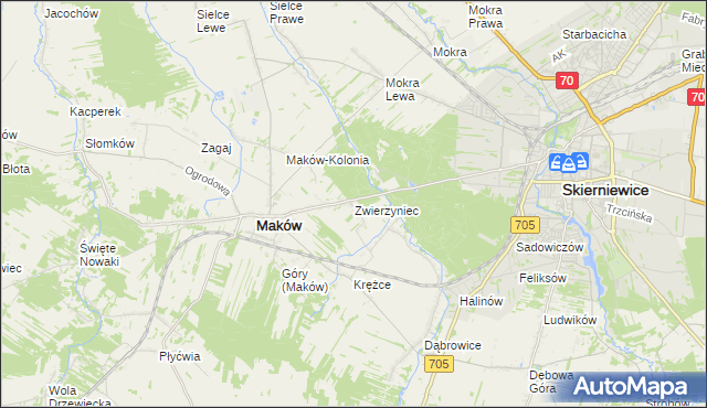 mapa Zwierzyniec gmina Maków, Zwierzyniec gmina Maków na mapie Targeo