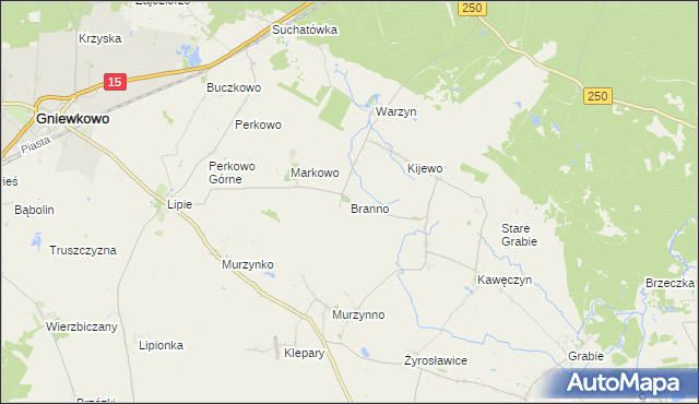 mapa Branno gmina Gniewkowo, Branno gmina Gniewkowo na mapie Targeo